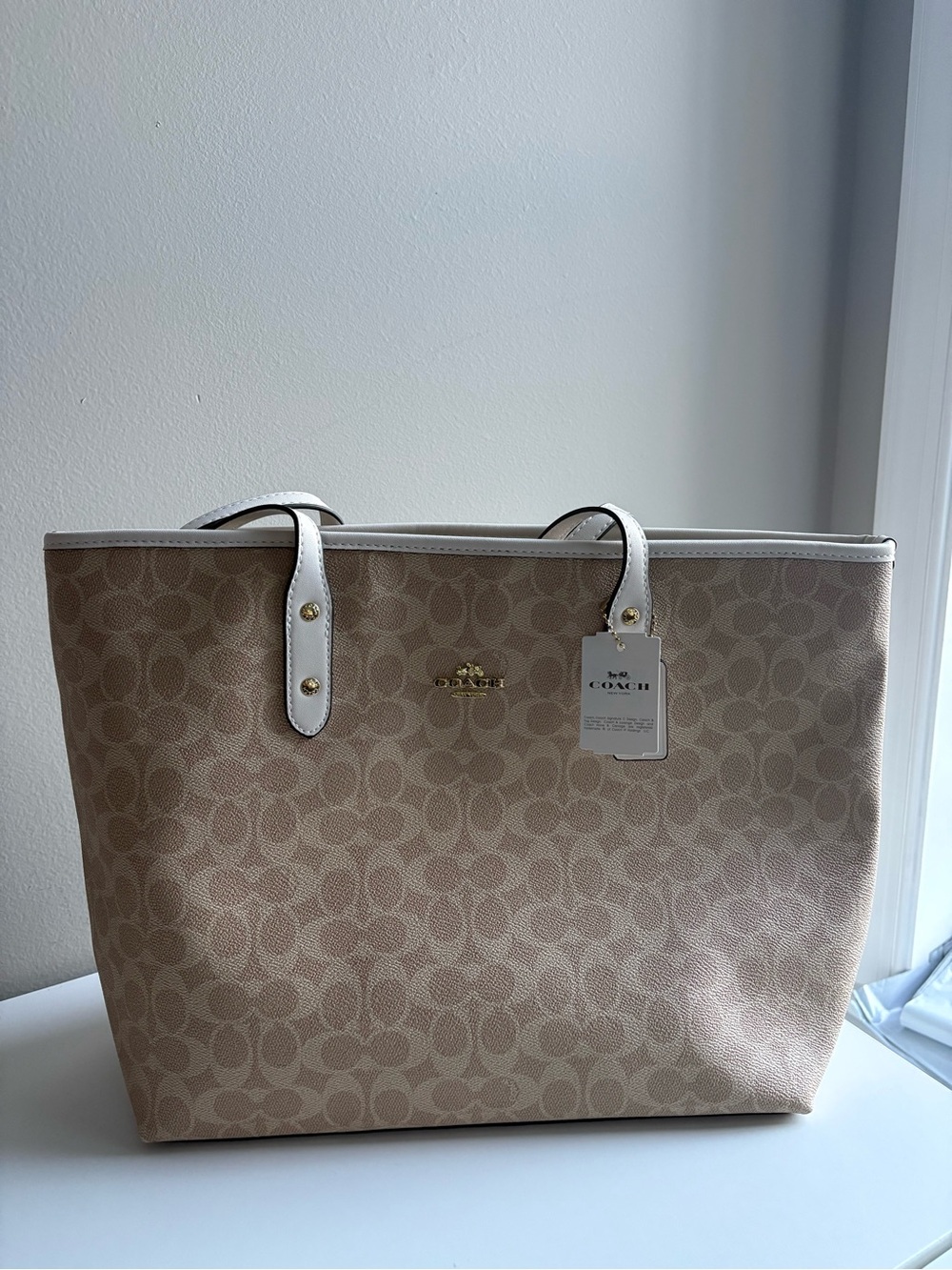 Coach Beige Signature Canvas Tote with White Trim